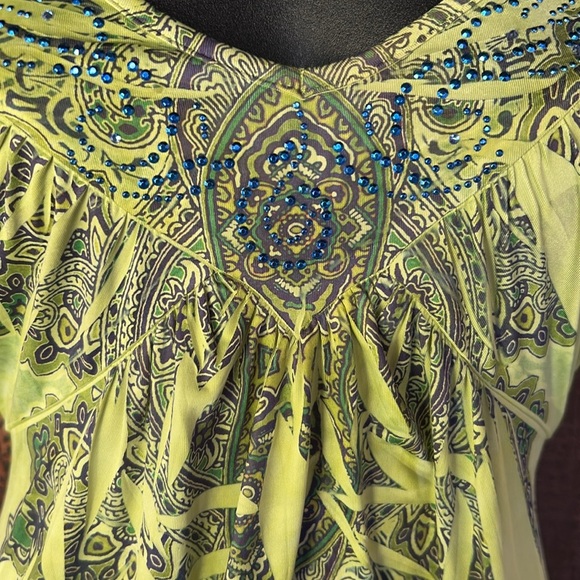 SOLD on EBay-Vintage Y2K One World Sleeveless Slinky Boho Dress V Neck Green M - Picture 2 of 10